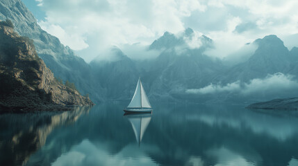 sail boat in a lake with mountains in background