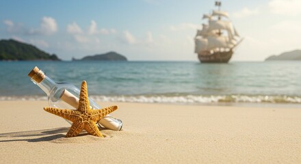 Fototapeta premium Beach scene with message in a bottle next to a starfish and a pirate ship sailing the seas under a partly cloudy sky.