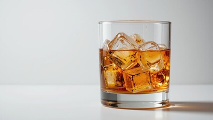 Close-Up of Whiskey on Ice in a Clear Glass Against a Minimalist Background