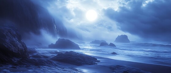 Mysterious Blue Seascape with Dramatic Clouds and Rocks at Dusk