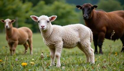Fototapeta premium Curious Young Lamb Standing in a Vibrant Green Pasture with Adult Sheep in Background