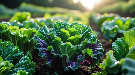 Fresh Kale and Lettuce Close-Up Dew Kissed Greens from a Sunlit Garden