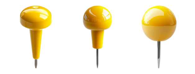 Set of Three Yellow Push Pins on Transparent Background for Design Use