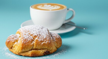 Pastry perfection: Enjoy a warm, powdered croissant paired with artfully crafted coffee on a cool blue background. A delightful treat!