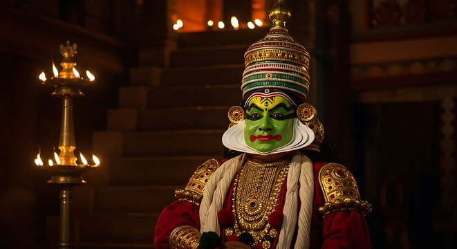 Kathakali dancer Kerala temple steps green face gold headdress oil lamps dramatic lighting