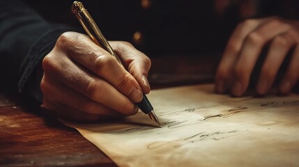 Hands Writing on Aged Paper