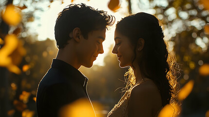 Couple in profile view, bathed in golden sunlight.
