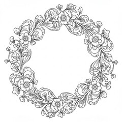Floral wreath with flowers and leaves for coloring book page