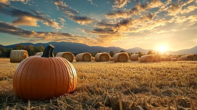 A large orange object sits in a field with hay bales and mountains under a sunset sky with dramatic clouds.