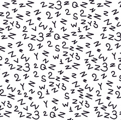 Numbers and letters from the English alphabet are scattered throughout the space and create texture.