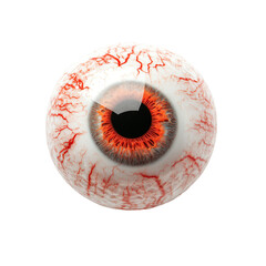 a close up of a red eye with a white background