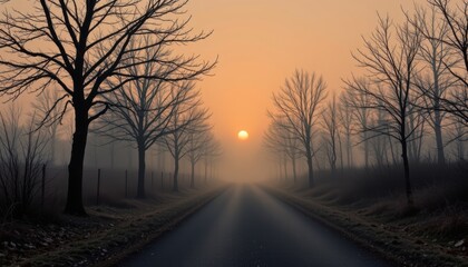 Lonely Road Under Foggy Sky at Sunset Framed by Silhouetted Trees in a Serene Landscape