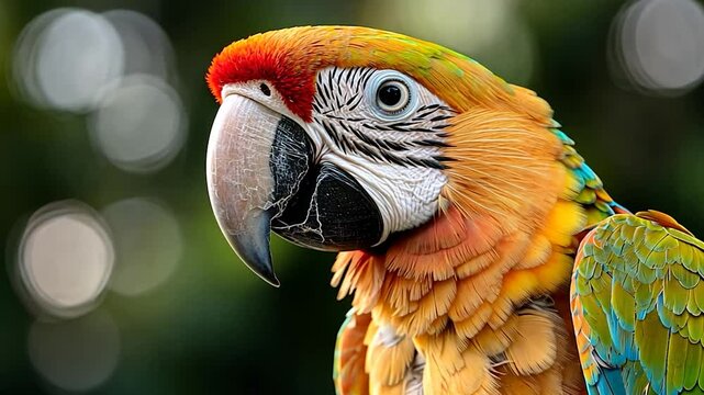 Close-up portrait of a vibrant parrot displaying detailed plumage in shades of orange yellow red and blue with a blurred green bokeh background.
