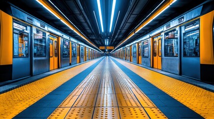 Fototapeta premium Empty subway station platform, neon glow