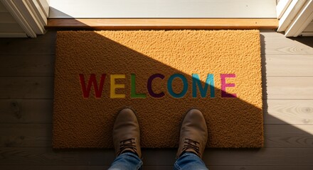 A Close-Up View of a Colorful ‘WELCOME’ Doormat with Shoes Positioned at the Entrance of a Brightly Lit Room