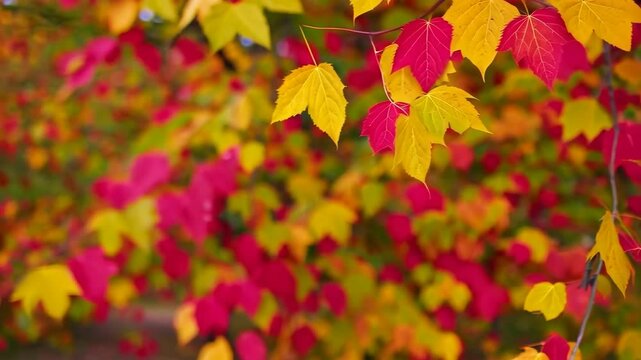 Vibrant display of yellow and red fall foliage on branches in natural daylight, seasonal autumn colors.
