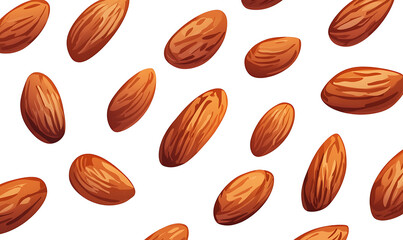 Realistic and artistic representations of almonds, almond farming, processing, and almond-based products like milk, butter, and oil isolated on a white background.