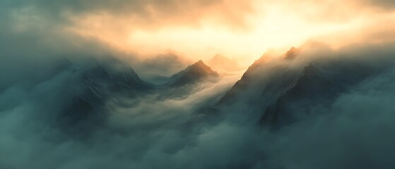 Fototapeta premium Serene Mountain Landscape with Mist and Golden Sunrise Light