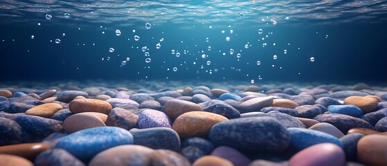 Fototapeta premium Underwater Scene of Colorful Pebbles and Bubbles in Clear Water