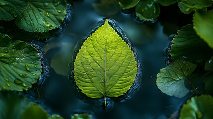 A vibrant leaf floats on still water, surrounded by lush foliage.