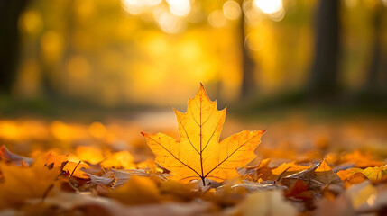 Golden autumn leaf amidst fallen foliage.