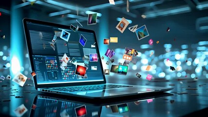 Open laptop emitting floating digital media icons in high-tech futuristic environment with bokeh lights - Powered by Adobe