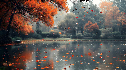 Autumnal scene by a tranquil lake with falling leaves.