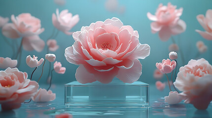 Floating pink blossoms on a glass pedestal.