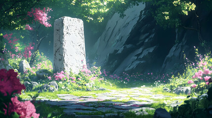 A serene, sunlit path flanked by blossoms and a stone monument.