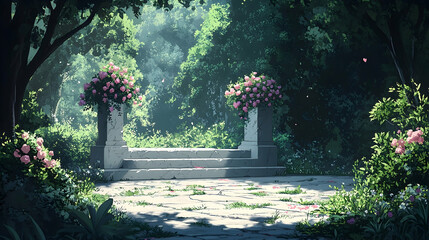 Peaceful garden pathway lined with floral decorations.