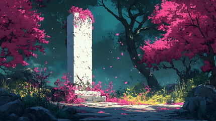 A stylized depiction of a monumental stone in a vibrant, mystical landscape.