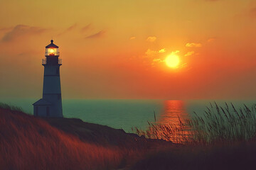 Coastal lighthouse at sunrise over tranquil ocean.
