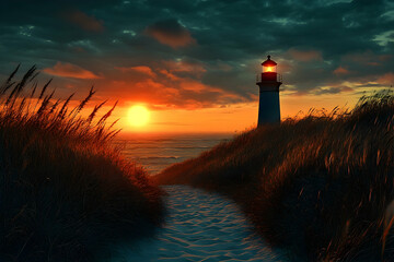 Dramatic sunset view of a lighthouse on the coast.