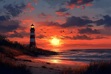 Dramatic sunset view over ocean shore with lighthouse.