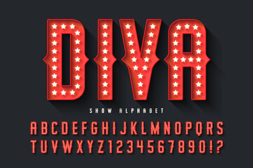 Retro circus alphabet design, cabaret, fairy LED lamps letters and numbers.