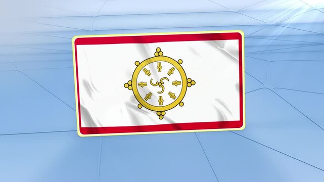Sikkim National Flag 3D Render, Realistic Waving Animation on Abstract Blue Geometric Background