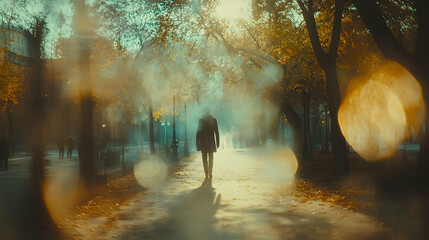 A solitary figure walks a sunlit path through a hazy autumnal park.