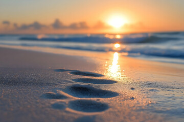 Golden sunrise paints the beach with footprints in the sand.