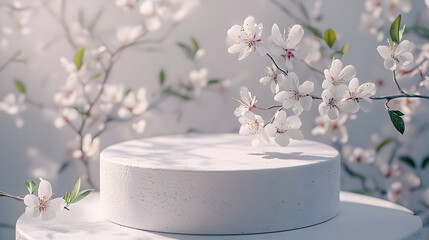 Empty, round, white display podium surrounded by spring blossoms.