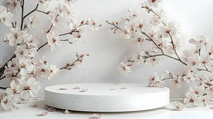 Delicate white blossoms frame a circular display podium.