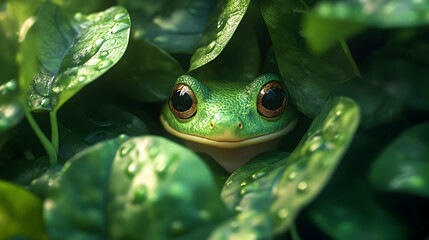 Close-up view of a bright green frog hidden amongst lush foliage.