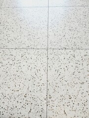 Close-up view of light gray speckled floor tiles.