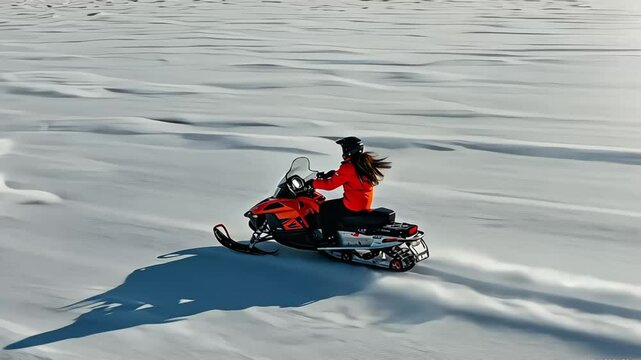 Winter Ride - Woman snowmobiling across frozen lake