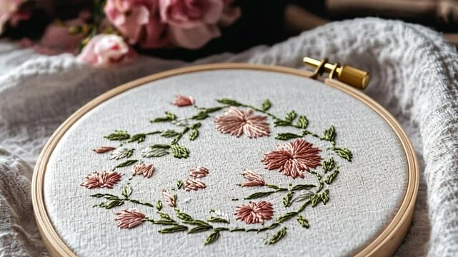 Delicate floral embroidery in a wooden hoop against soft fabric.