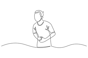 Continuous one line drawing of Man touching his stomach pain. Single line drawing illustration of Man is hungry or Stomach problem. Stomach ache concept vector art. Doodle line illustration.