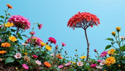 Colorful Flower Garden Under Bright Blue Sky Featuring Vibrant Blooms and Lush Greenery