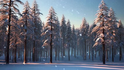 Snow covered conifer forest with blue sky during daytime in winter wonderland as snowflakes gently float downwards - Powered by Adobe