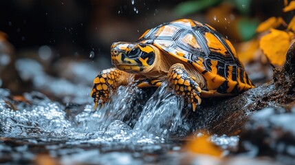 Yellowfooted tortoise entering water.