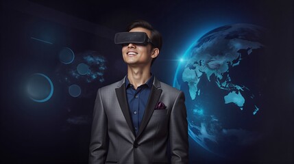 Young man wearing virtual reality headset while smiling against dark background  