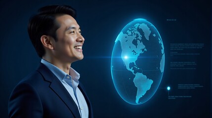 Businessman smiling while looking at a digital globe interface  